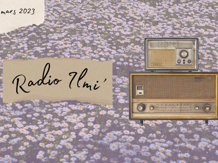 Des pâquerettes dans le fond, derrière un filtre rose. En haut, à gauche est indiqué la date (25/03/2023). Au premier plan, il est écrit "Radio Ilmi" sur un vieux bout de papier, près d'un tuner ancien.